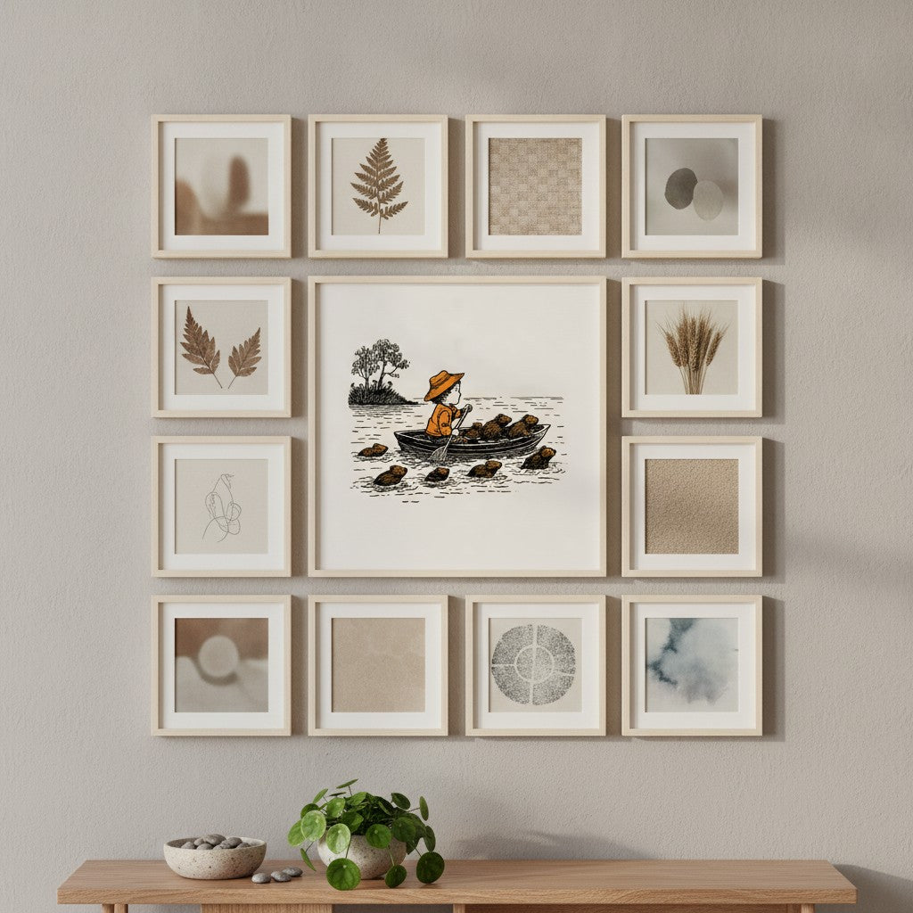Child Rowing Boat Beavers Art art print shown in a square grid gallery putty setting
