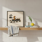 Child Rowing Boat Beavers Art art print shown in a square kitchen open shelf setting