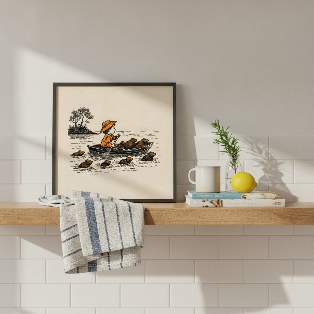 Child Rowing Boat Beavers Art art print shown in a square kitchen open shelf setting