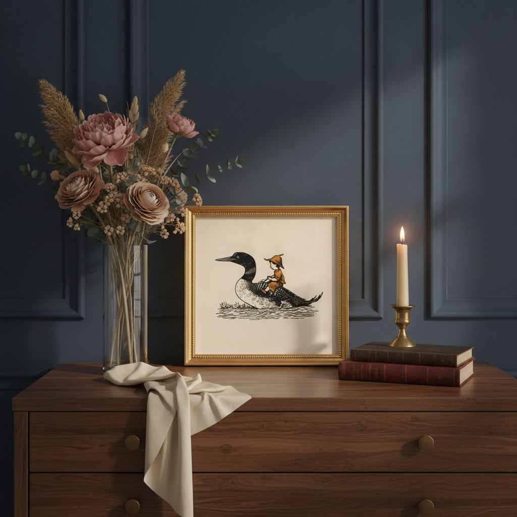 Boy Riding Loon Bird Art art print shown in a dresser dried florals setting