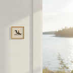 Boy Riding Loon Bird Art art print shown in a shiplap blurred view setting