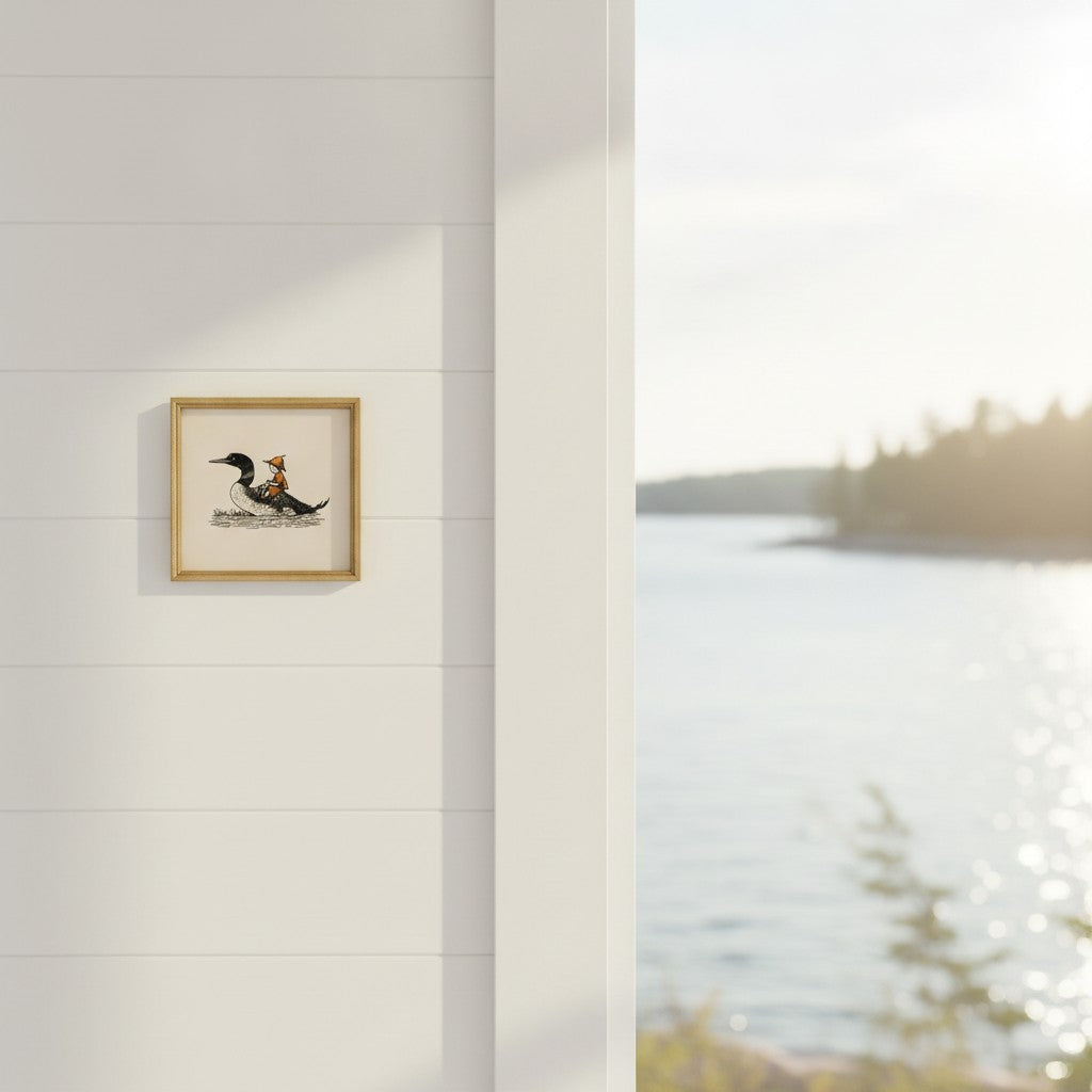 Boy Riding Loon Bird Art art print shown in a shiplap blurred view setting