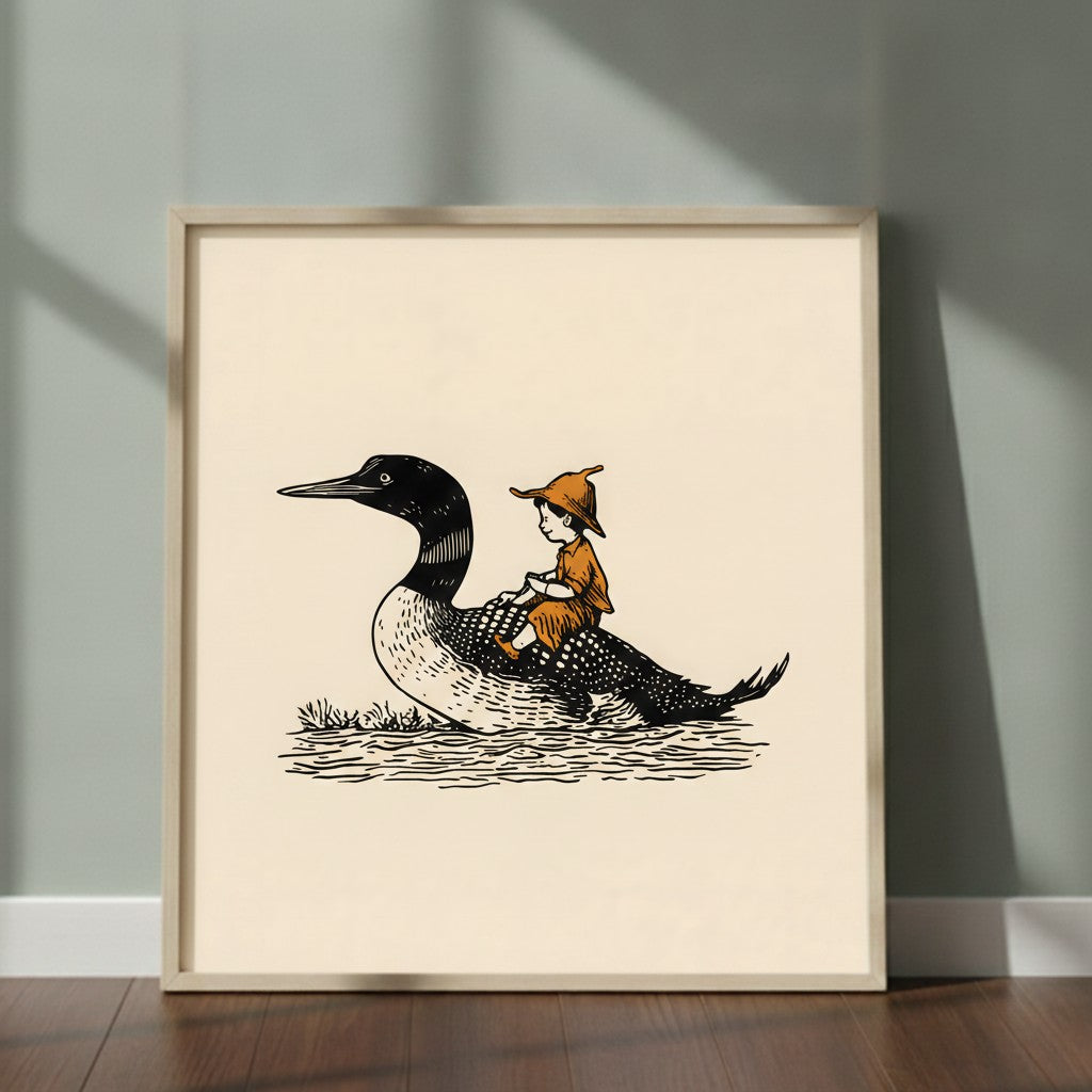 Boy Riding Loon Bird Art art print shown in a square 2 setting