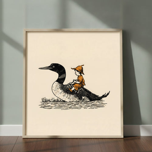 Boy Riding Loon Bird Art art print shown in a square 2 setting