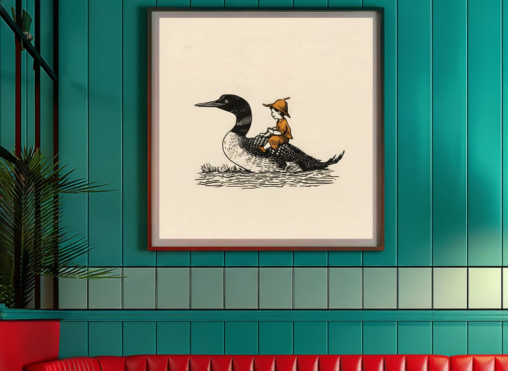 Boy Riding Loon Bird Art art print shown in a square 3 setting
