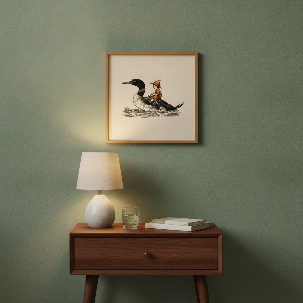 Boy Riding Loon Bird Art art print shown in a square bedside oak setting