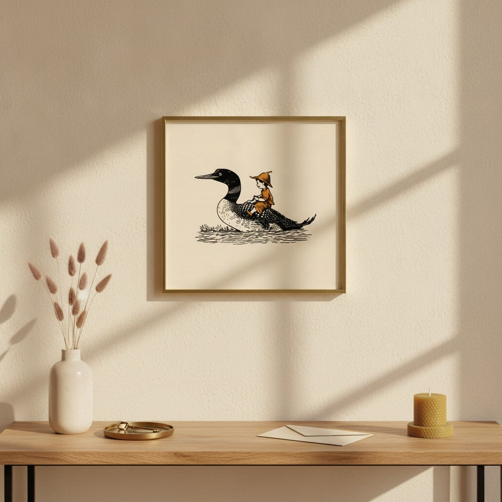 Boy Riding Loon Bird Art art print shown in a square console brass setting