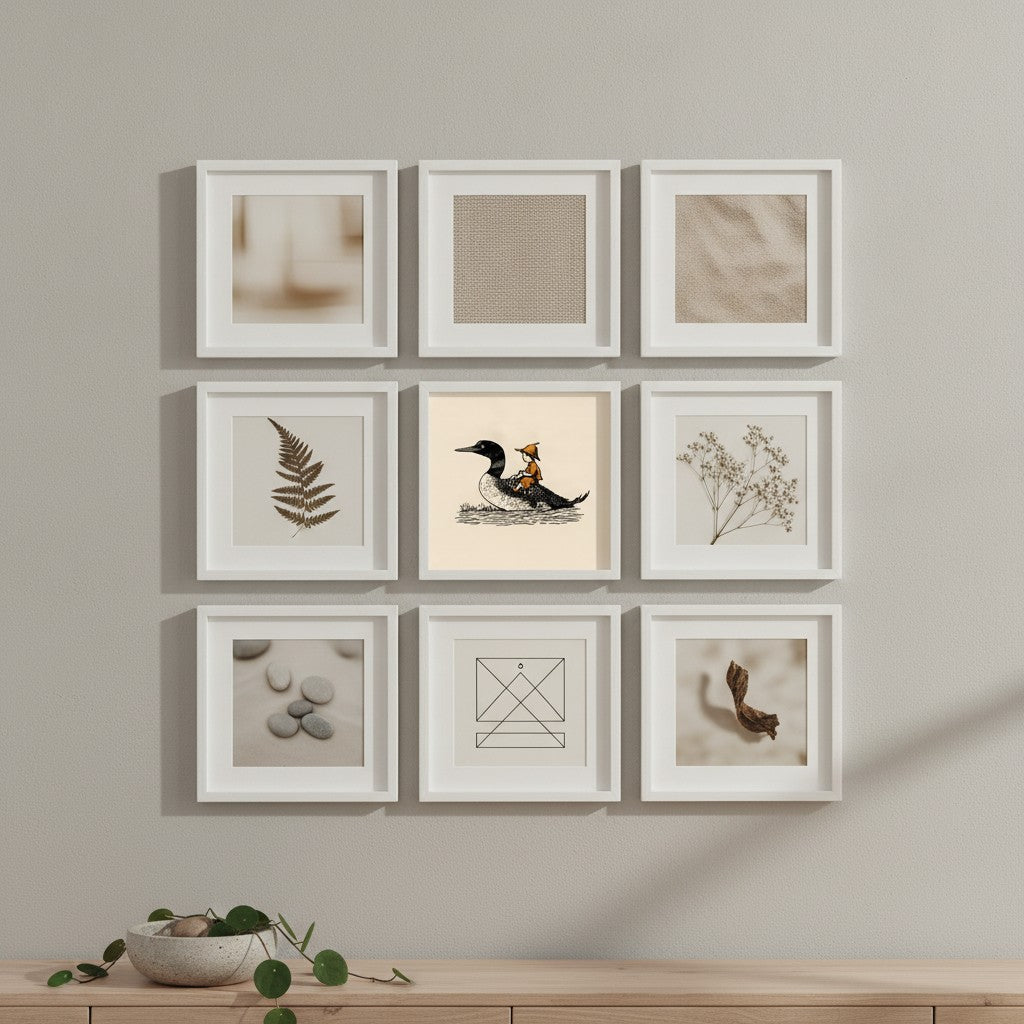 Boy Riding Loon Bird Art art print shown in a square grid gallery putty setting