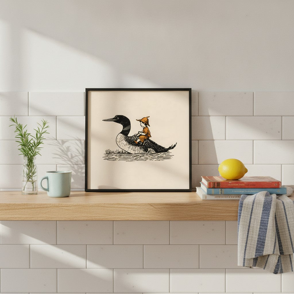 Boy Riding Loon Bird Art art print shown in a square kitchen open shelf setting