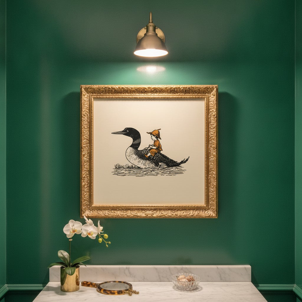 Boy Riding Loon Bird Art art print shown in a square powder room emerald setting