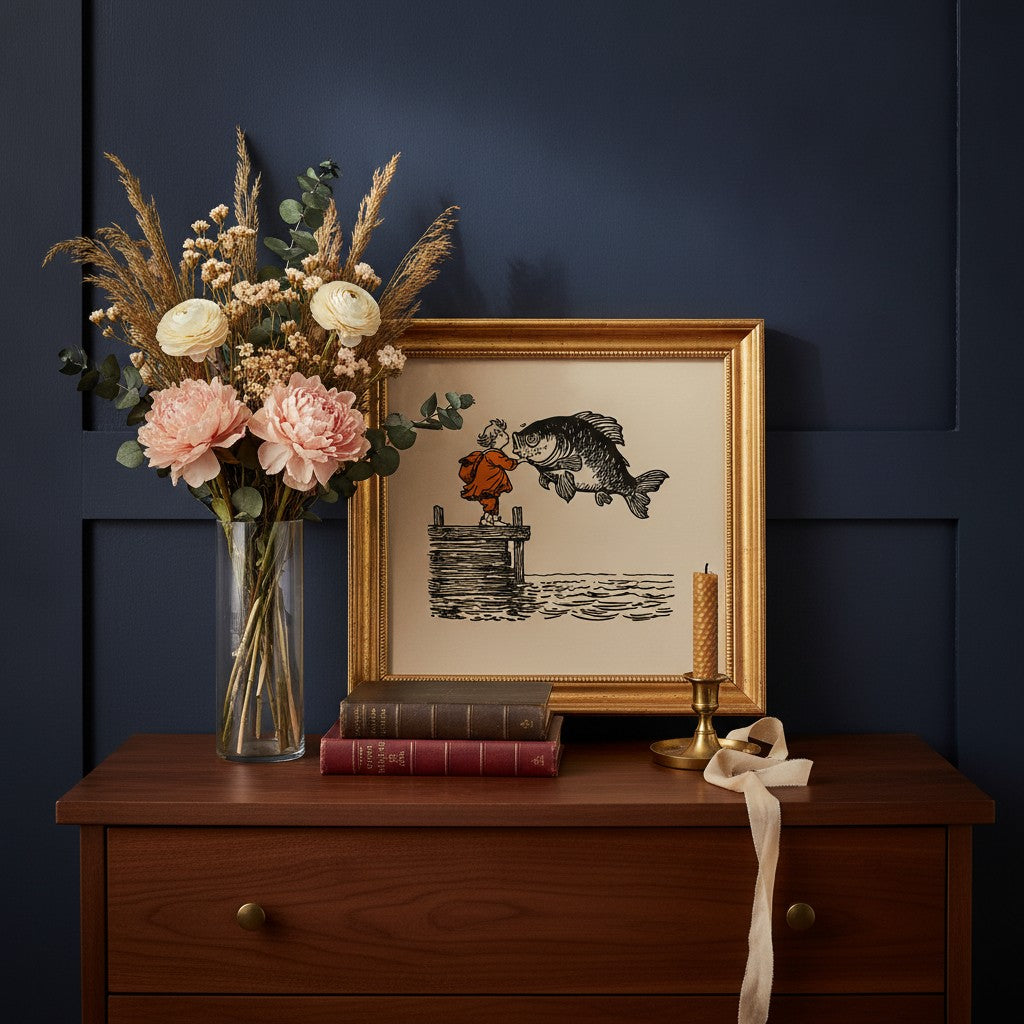 Vintage Child Fish Dock Art art print shown in a dresser dried florals setting