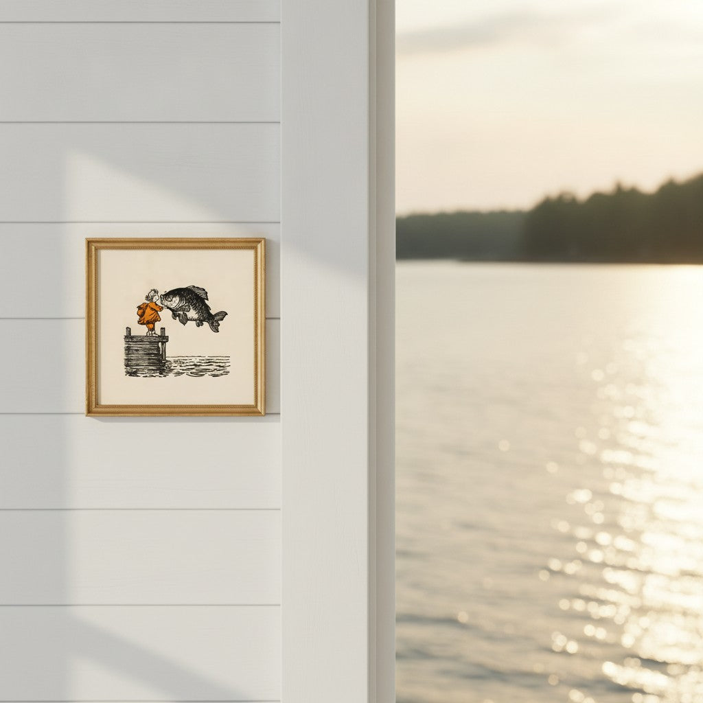 Vintage Child Fish Dock Art art print shown in a shiplap blurred view setting