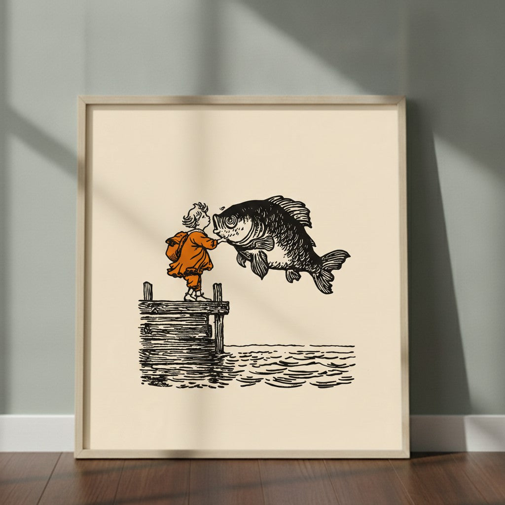 Vintage Child Fish Dock Art art print shown in a square 2 setting