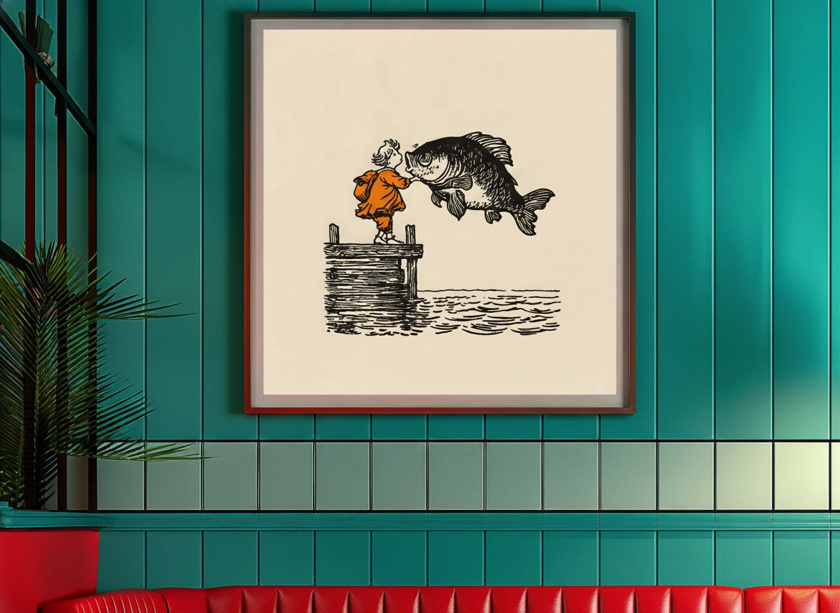 Vintage Child Fish Dock Art art print shown in a square 3 setting