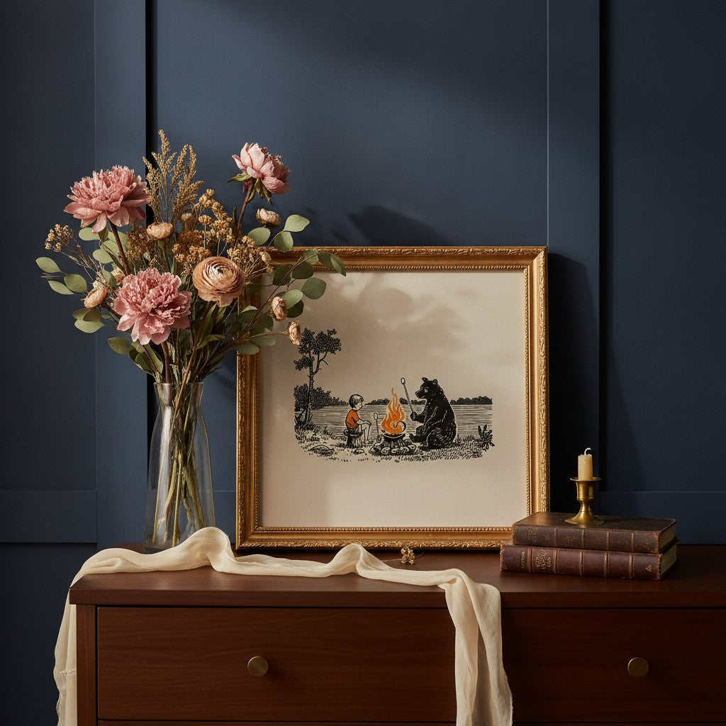 Boy Bear Campfire Art art print shown in a dresser dried florals setting