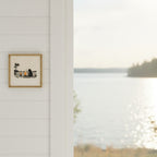 Boy Bear Campfire Art art print shown in a shiplap blurred view setting