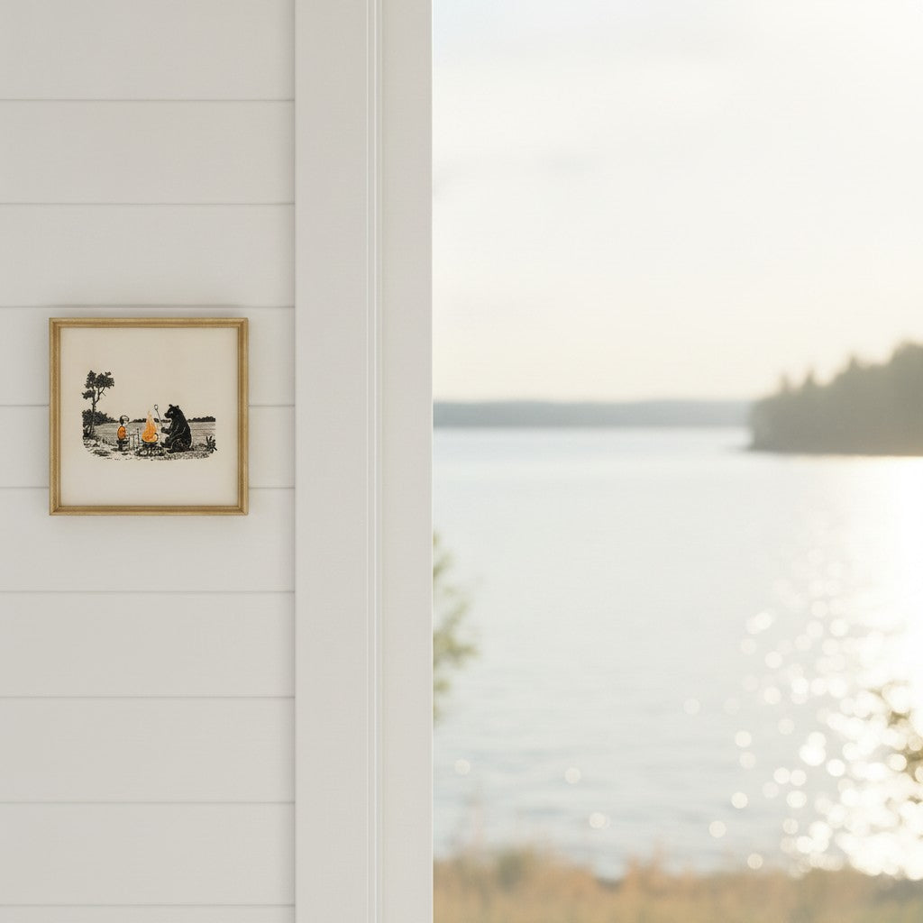 Boy Bear Campfire Art art print shown in a shiplap blurred view setting