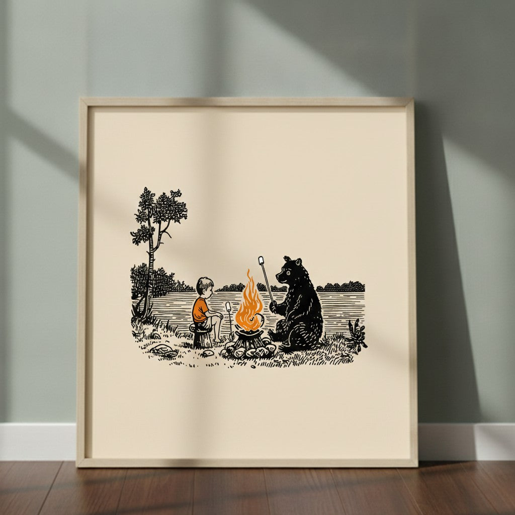 Boy Bear Campfire Art art print shown in a square 2 setting