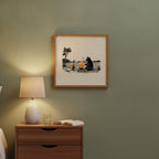 Boy Bear Campfire Art art print shown in a square bedside oak setting