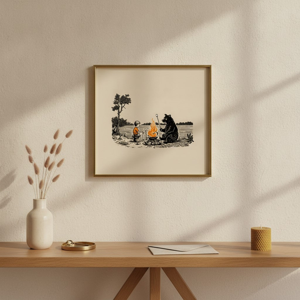 Boy Bear Campfire Art art print shown in a square console brass setting