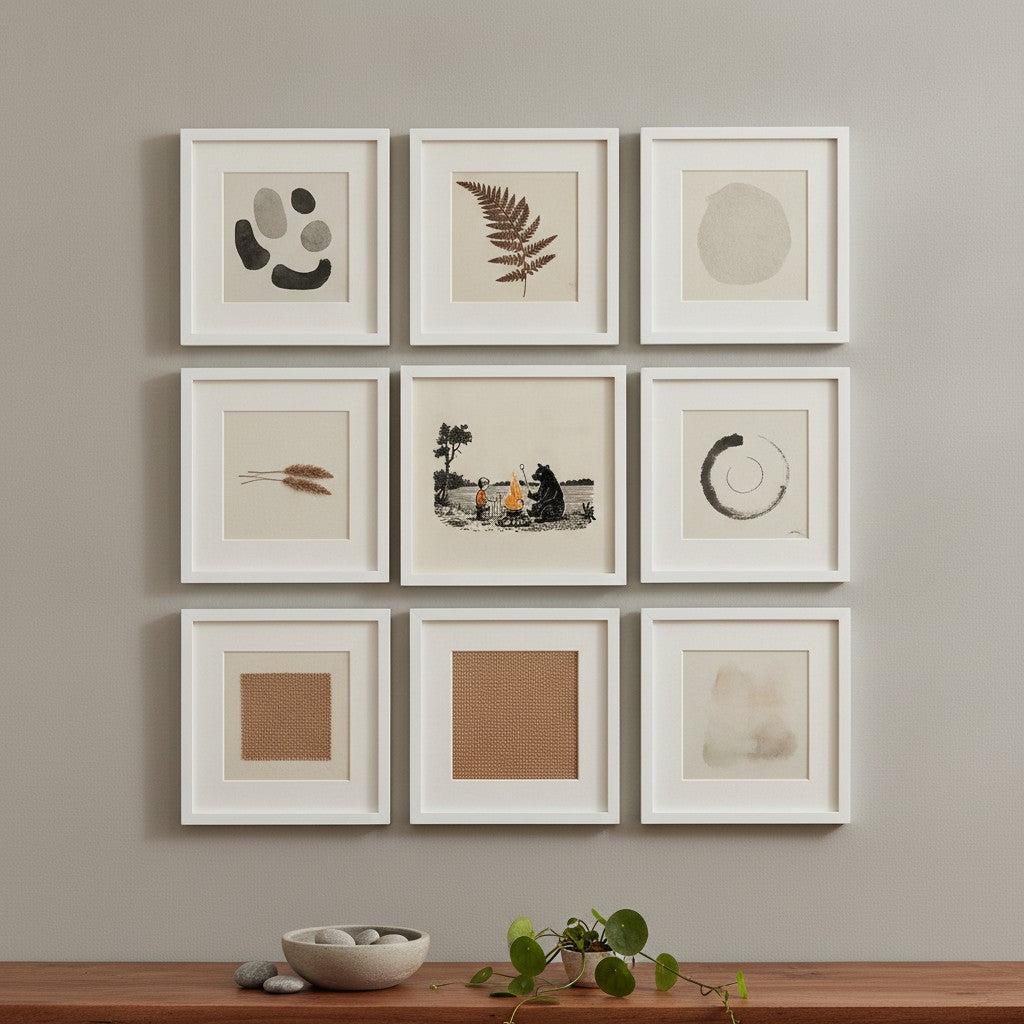 Boy Bear Campfire Art art print shown in a square grid gallery putty setting