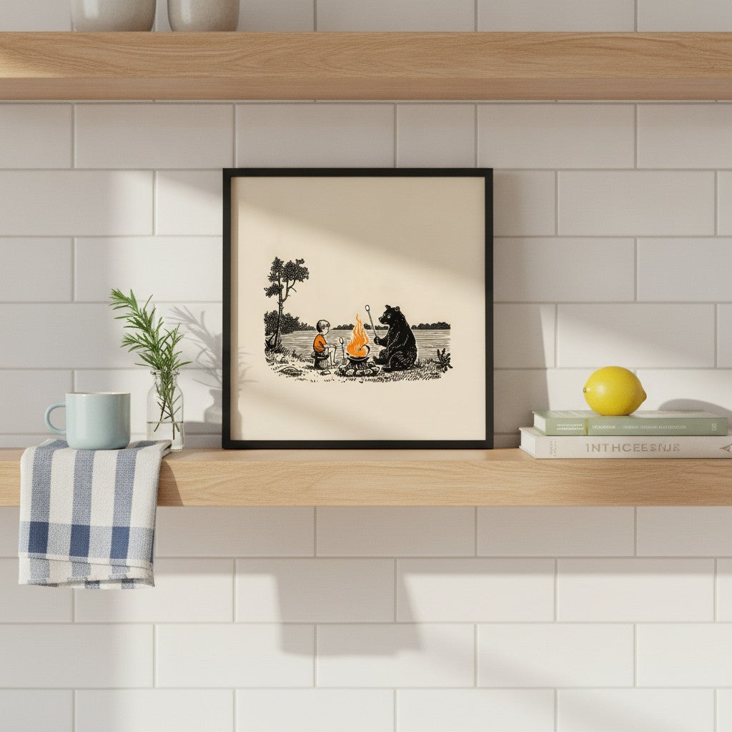 Boy Bear Campfire Art art print shown in a square kitchen open shelf setting