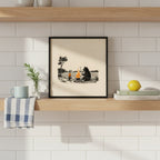 Boy Bear Campfire Art art print shown in a square kitchen open shelf setting