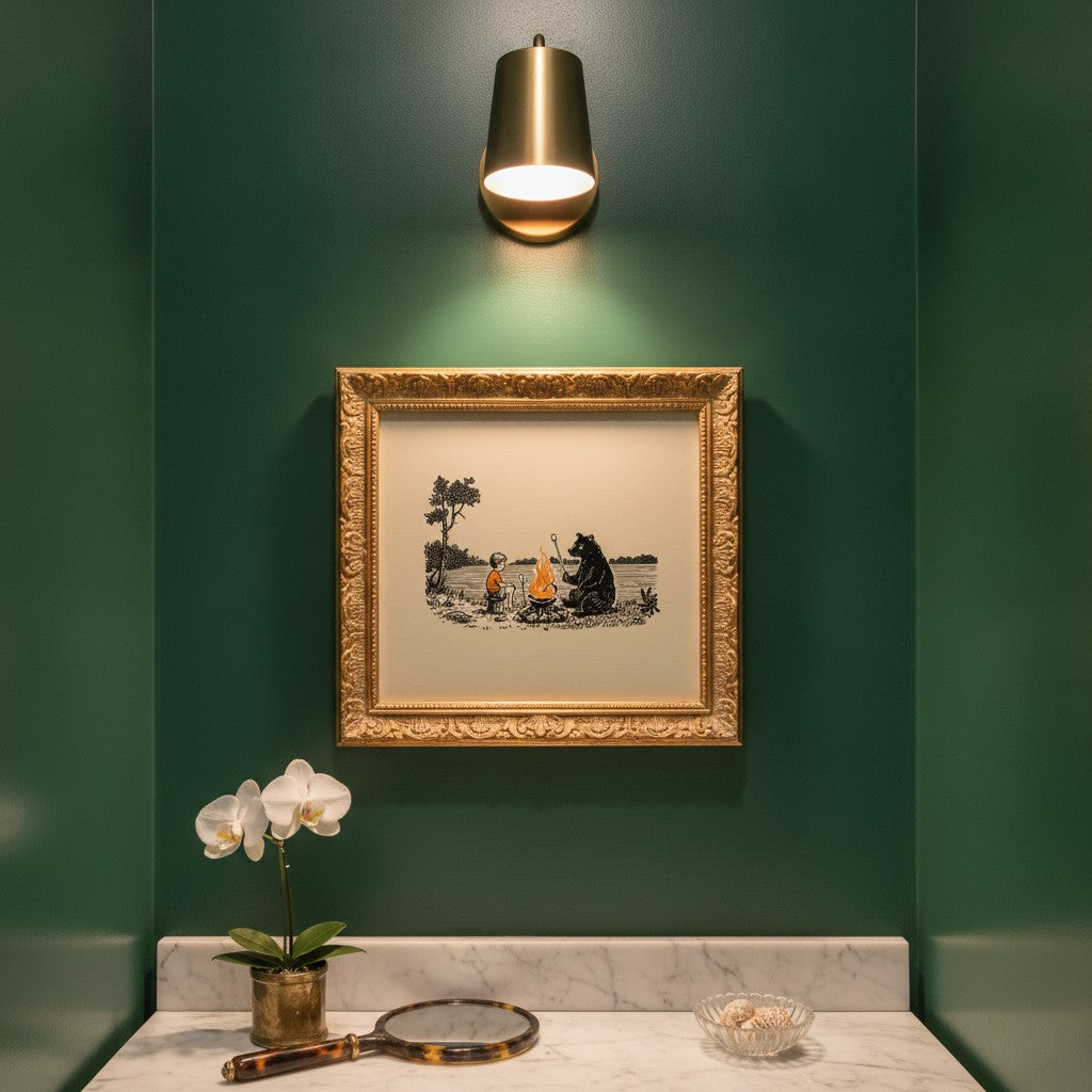 Boy Bear Campfire Art art print shown in a square powder room emerald setting