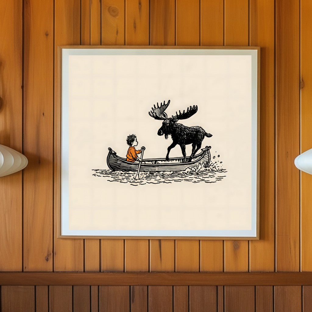 Boy and Moose Canoe Art art print