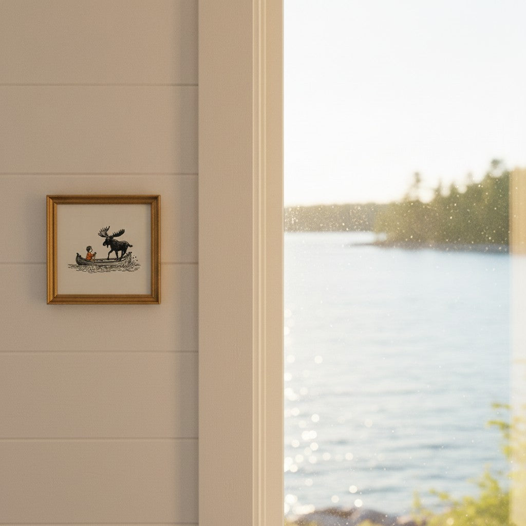Boy and Moose Canoe Art art print shown in a shiplap blurred view setting