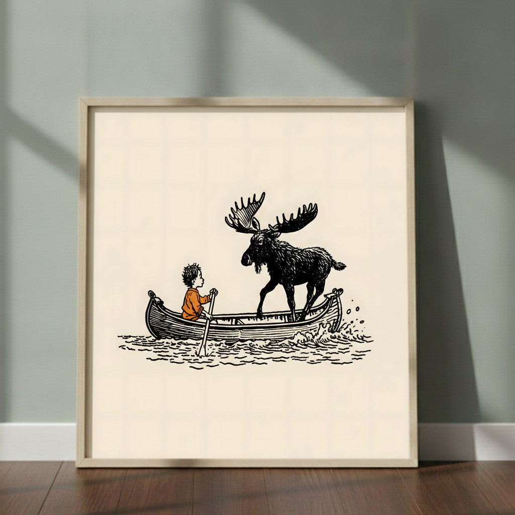 Boy and Moose Canoe Art art print shown in a square 2 setting