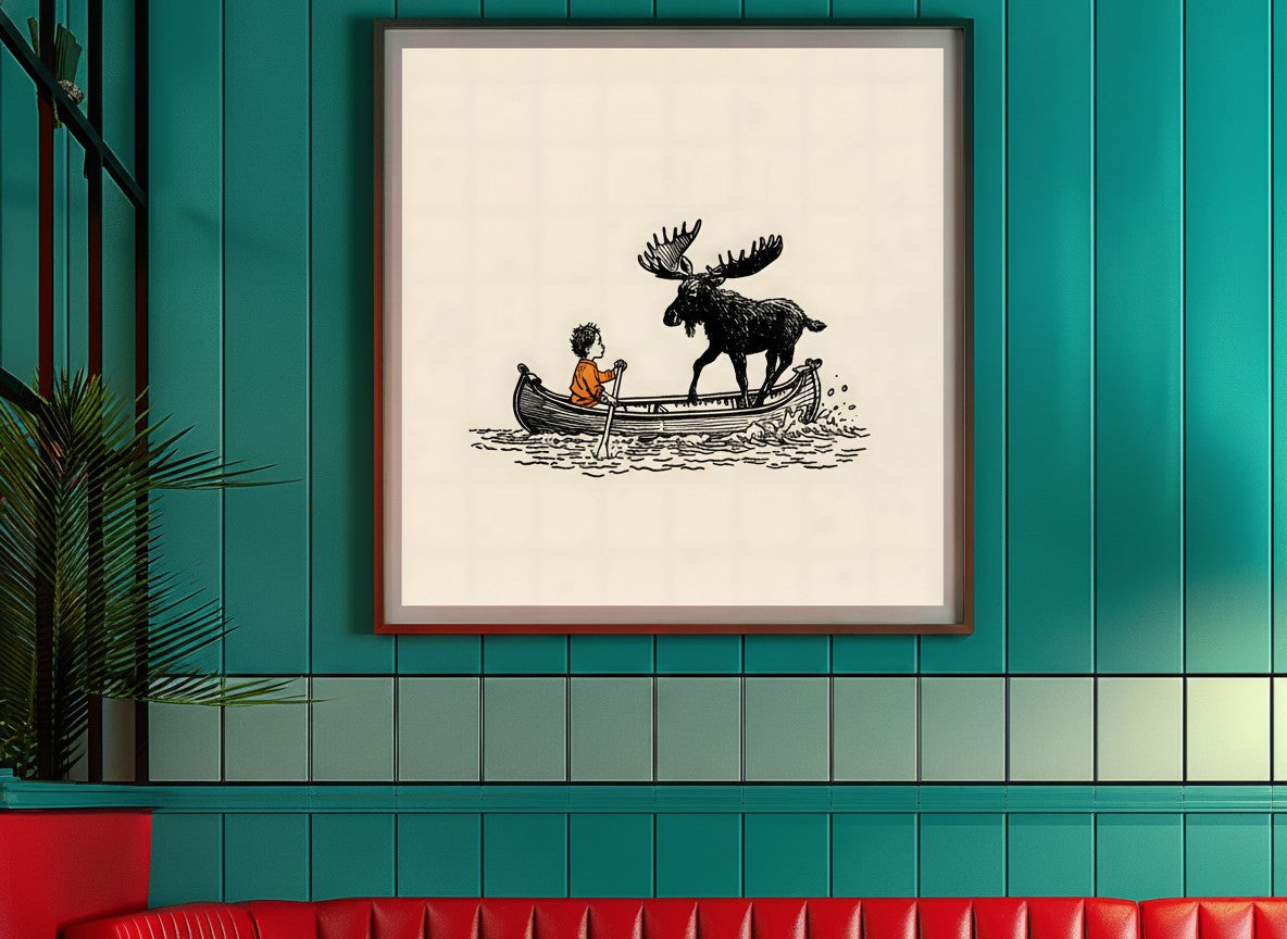 Boy and Moose Canoe Art art print shown in a square 3 setting