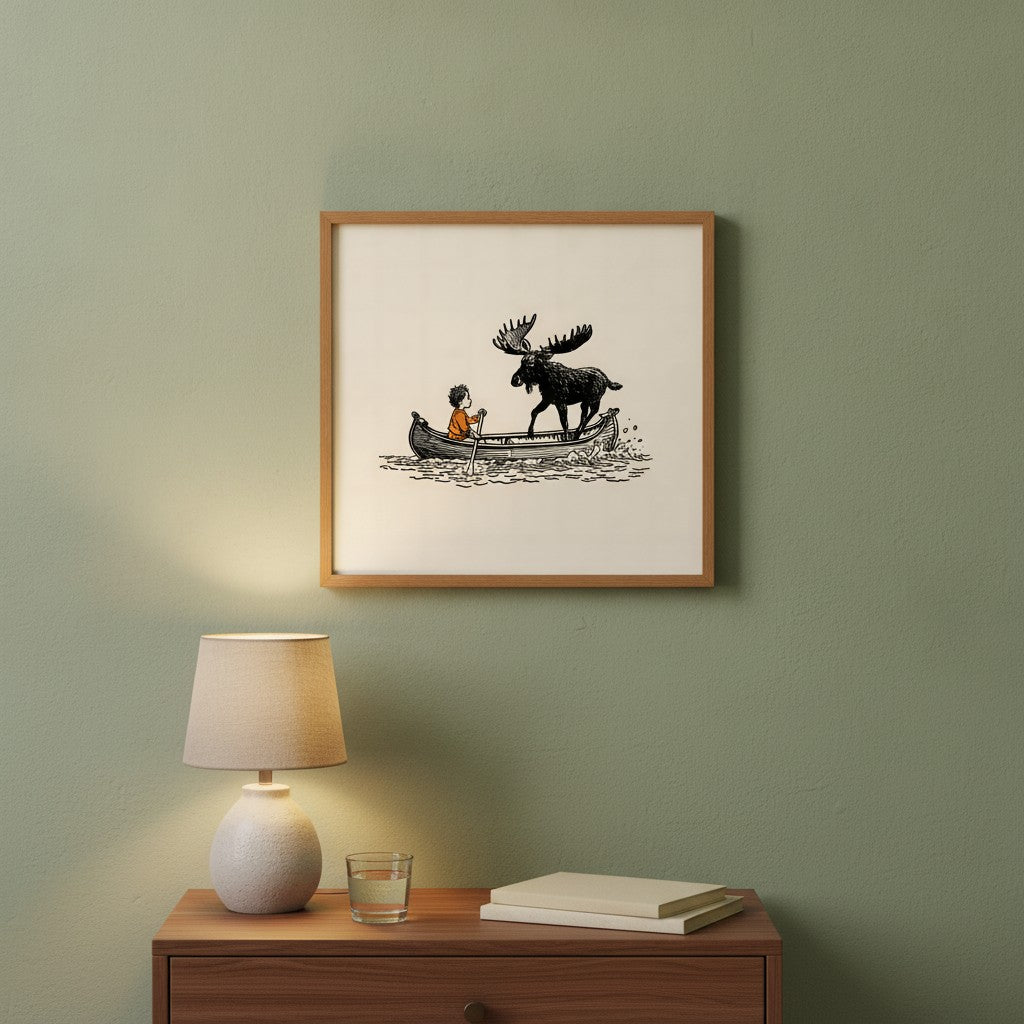 Boy and Moose Canoe Art art print shown in a square bedside oak setting