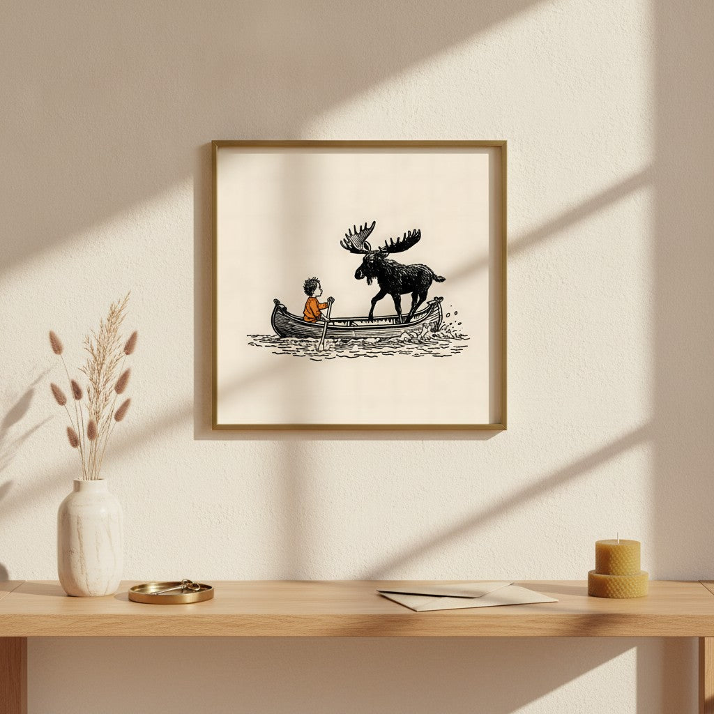 Boy and Moose Canoe Art art print shown in a square console brass setting