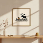 Boy and Moose Canoe Art art print shown in a square console brass setting