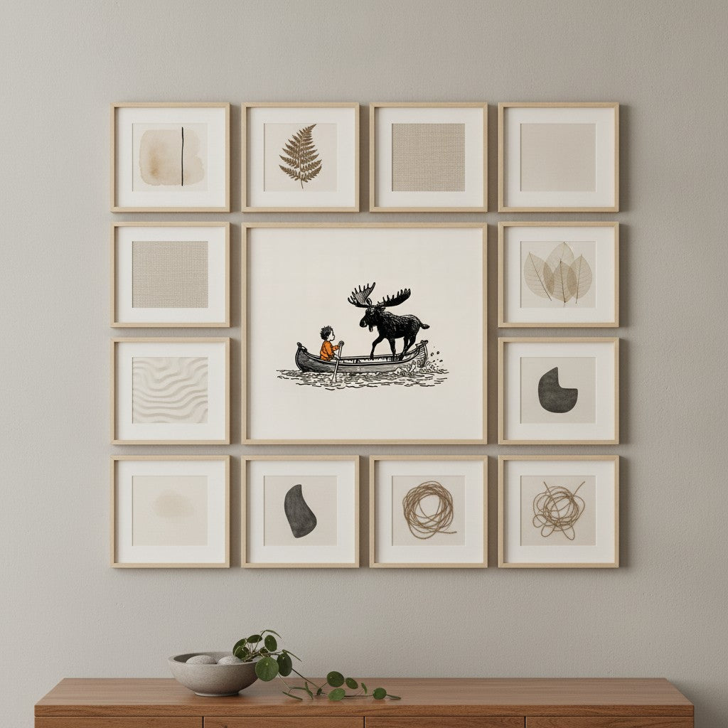 Boy and Moose Canoe Art art print shown in a square grid gallery putty setting