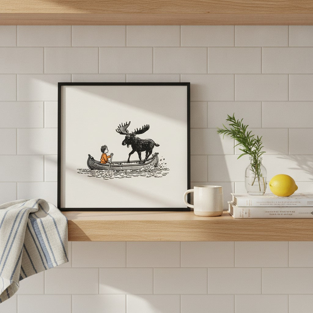 Boy and Moose Canoe Art art print shown in a square kitchen open shelf setting