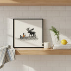 Boy and Moose Canoe Art art print shown in a square kitchen open shelf setting