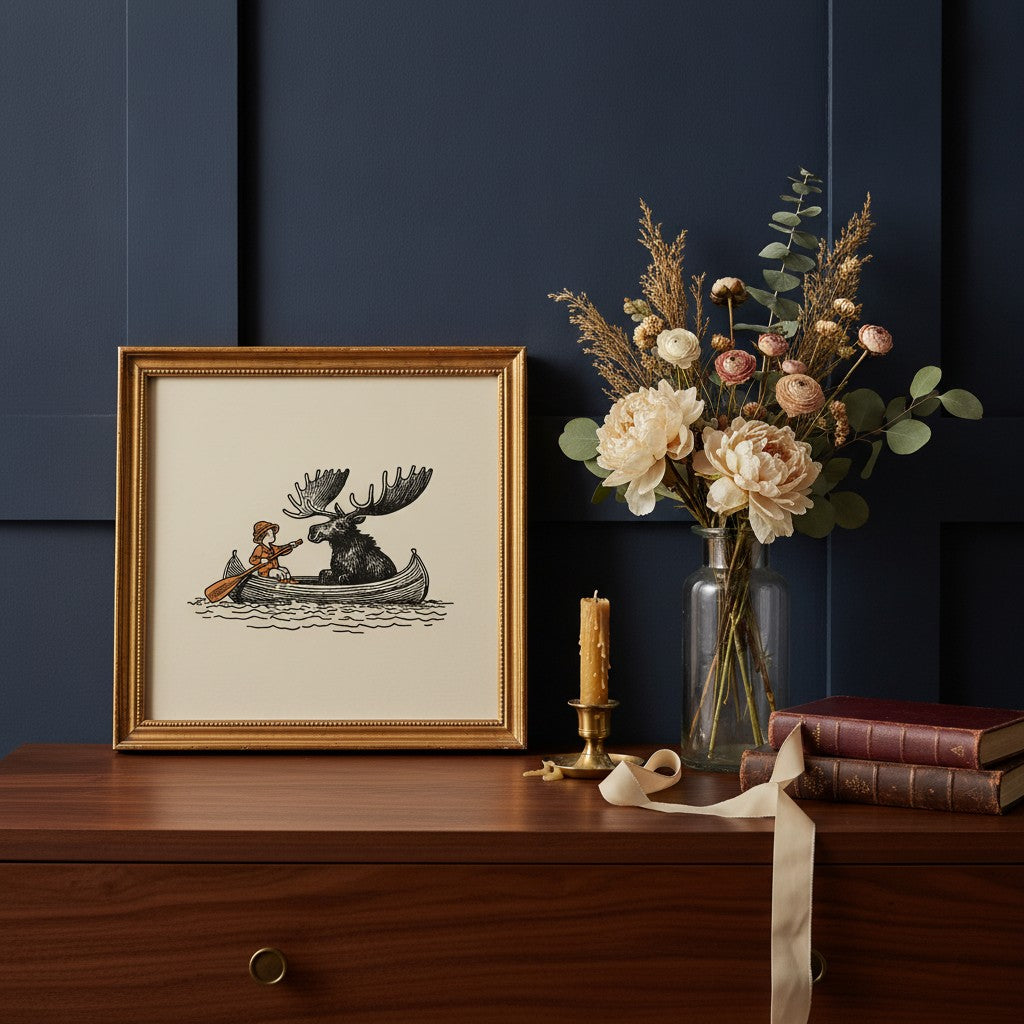 Moose Canoe Vintage Illustration art print shown in a dresser dried florals setting