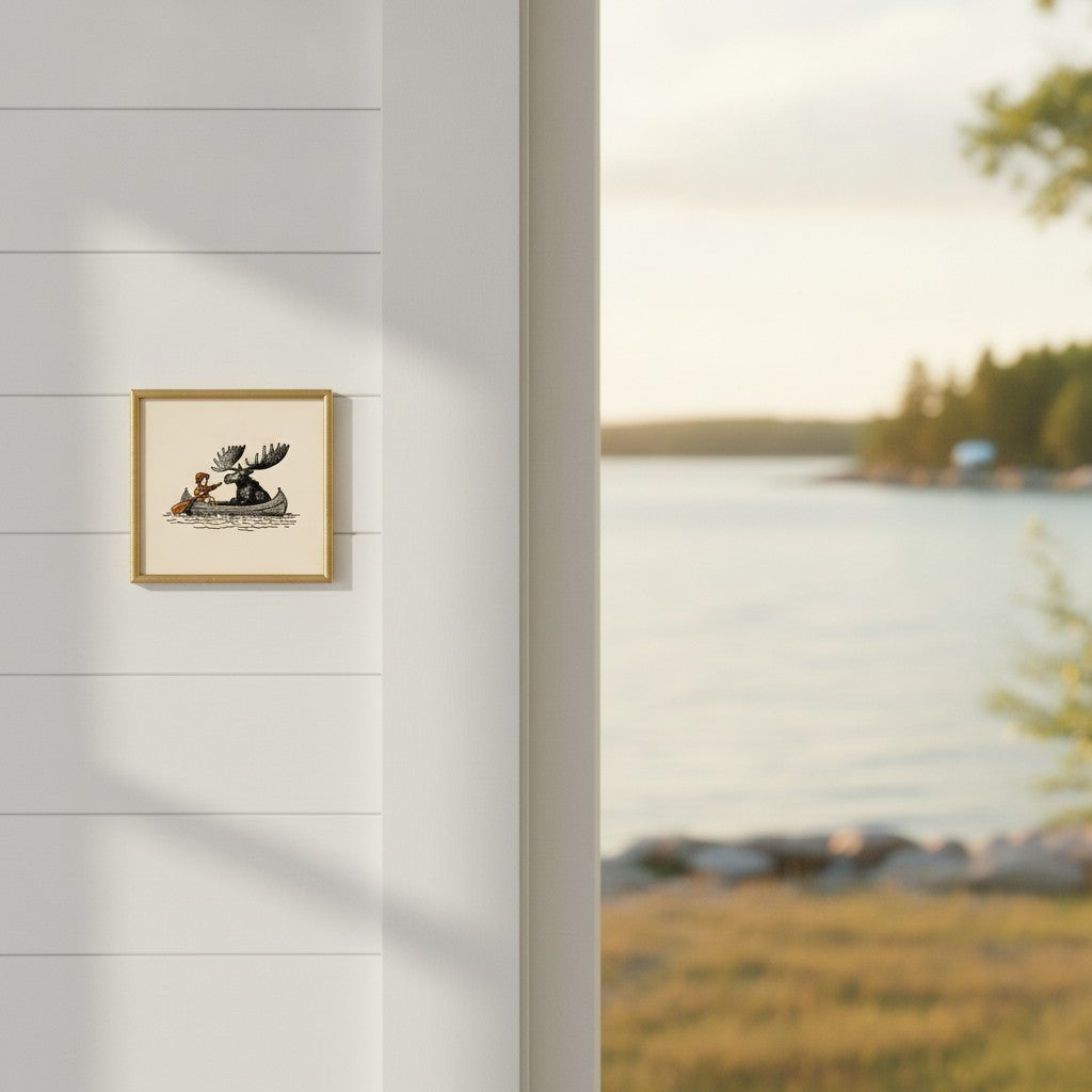Moose Canoe Vintage Illustration art print shown in a shiplap blurred view setting