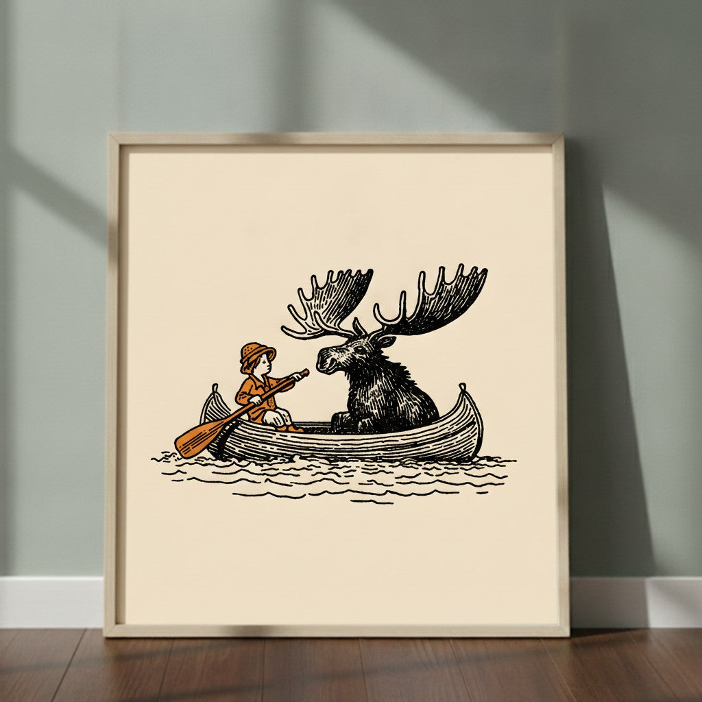 Moose Canoe Vintage Illustration art print shown in a square 2 setting