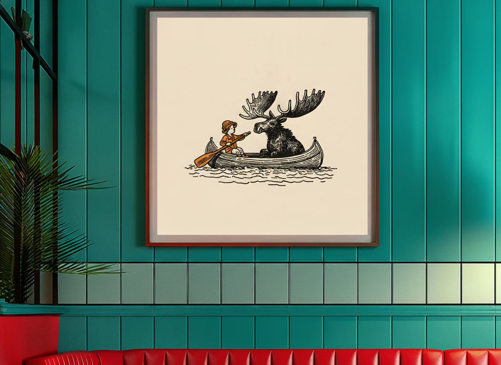 Moose Canoe Vintage Illustration art print shown in a square 3 setting