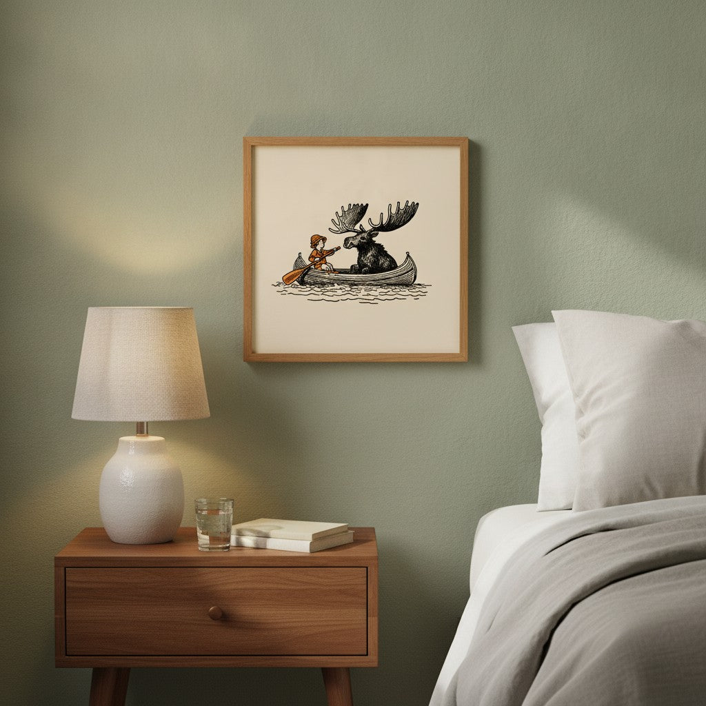 Moose Canoe Vintage Illustration art print shown in a square bedside oak setting