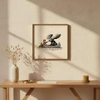 Moose Canoe Vintage Illustration art print shown in a square console brass setting