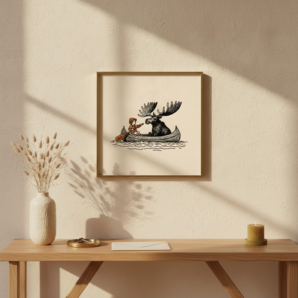 Moose Canoe Vintage Illustration art print shown in a square console brass setting