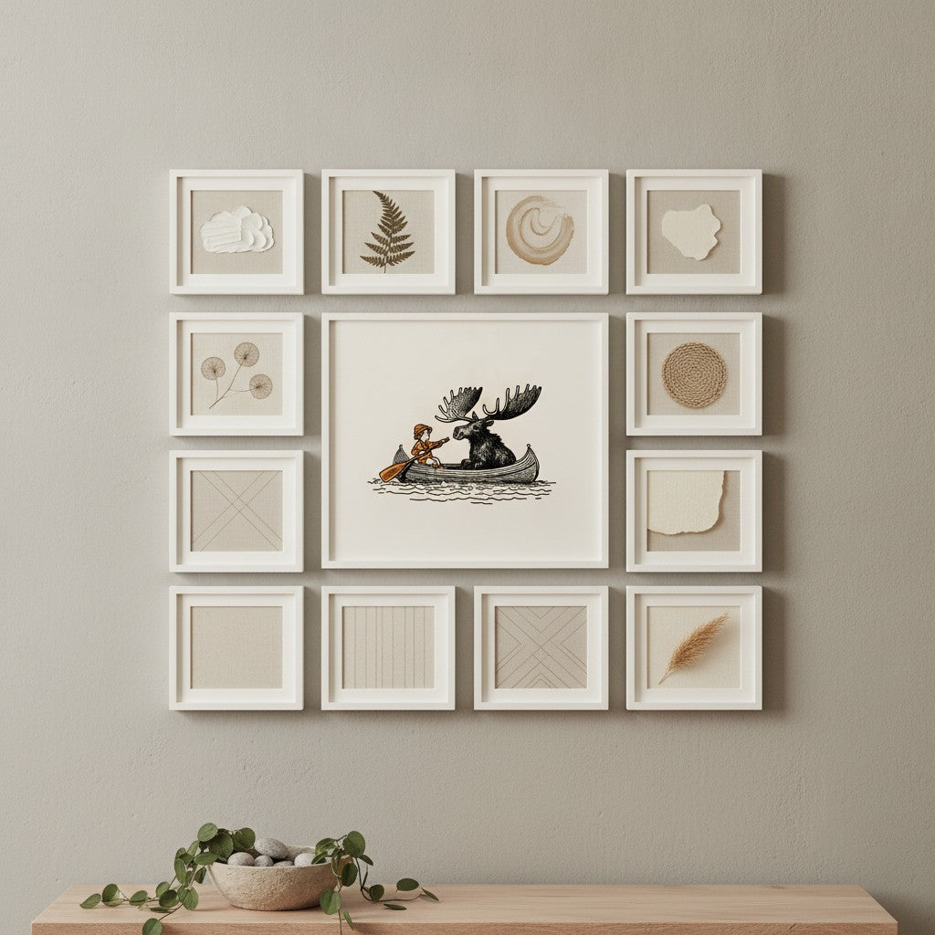 Moose Canoe Vintage Illustration art print shown in a square grid gallery putty setting