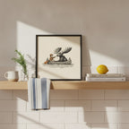 Moose Canoe Vintage Illustration art print shown in a square kitchen open shelf setting