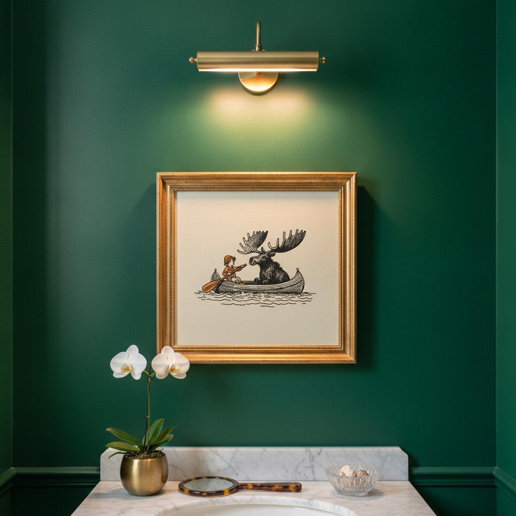 Moose Canoe Vintage Illustration art print shown in a square powder room emerald setting