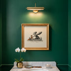 Moose Canoe Vintage Illustration art print shown in a square powder room emerald setting