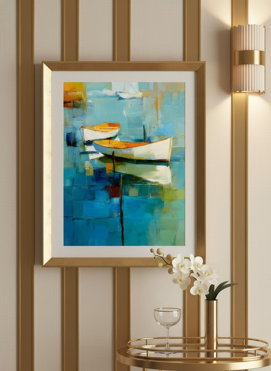 Abstract Coastal Boats Painting art print shown in a art deco geometric setting